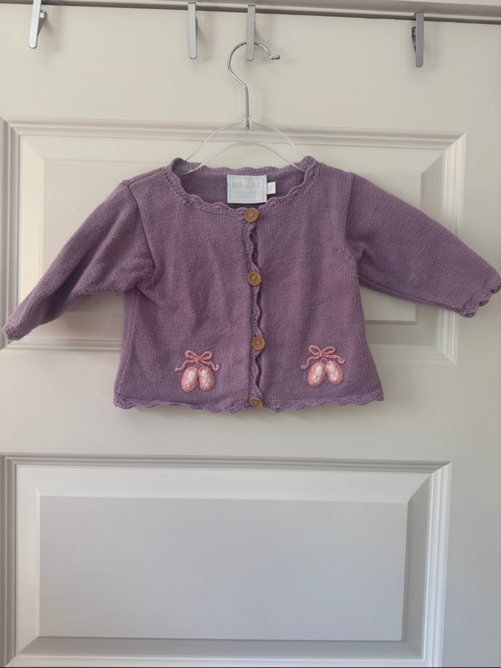 Little English Lavender Knit Cardigan with Wooden Buttons and Ballet embroidery